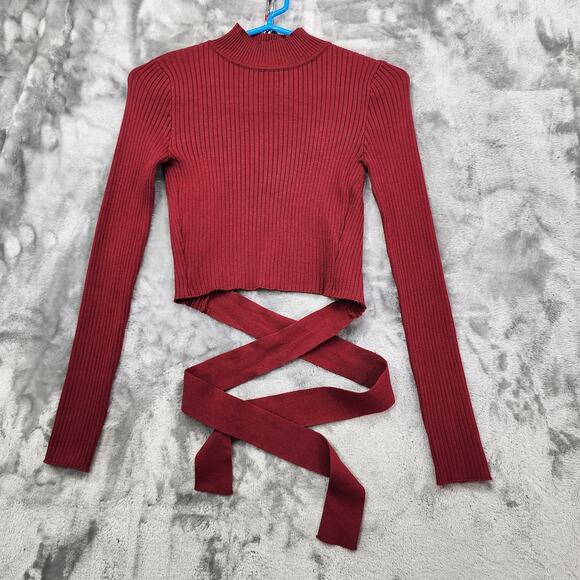 Madden Girl Tops - Madden Girl Top Womens XS Red Ribbed Knit Mock Neck Long Sleeve Open Back Tie